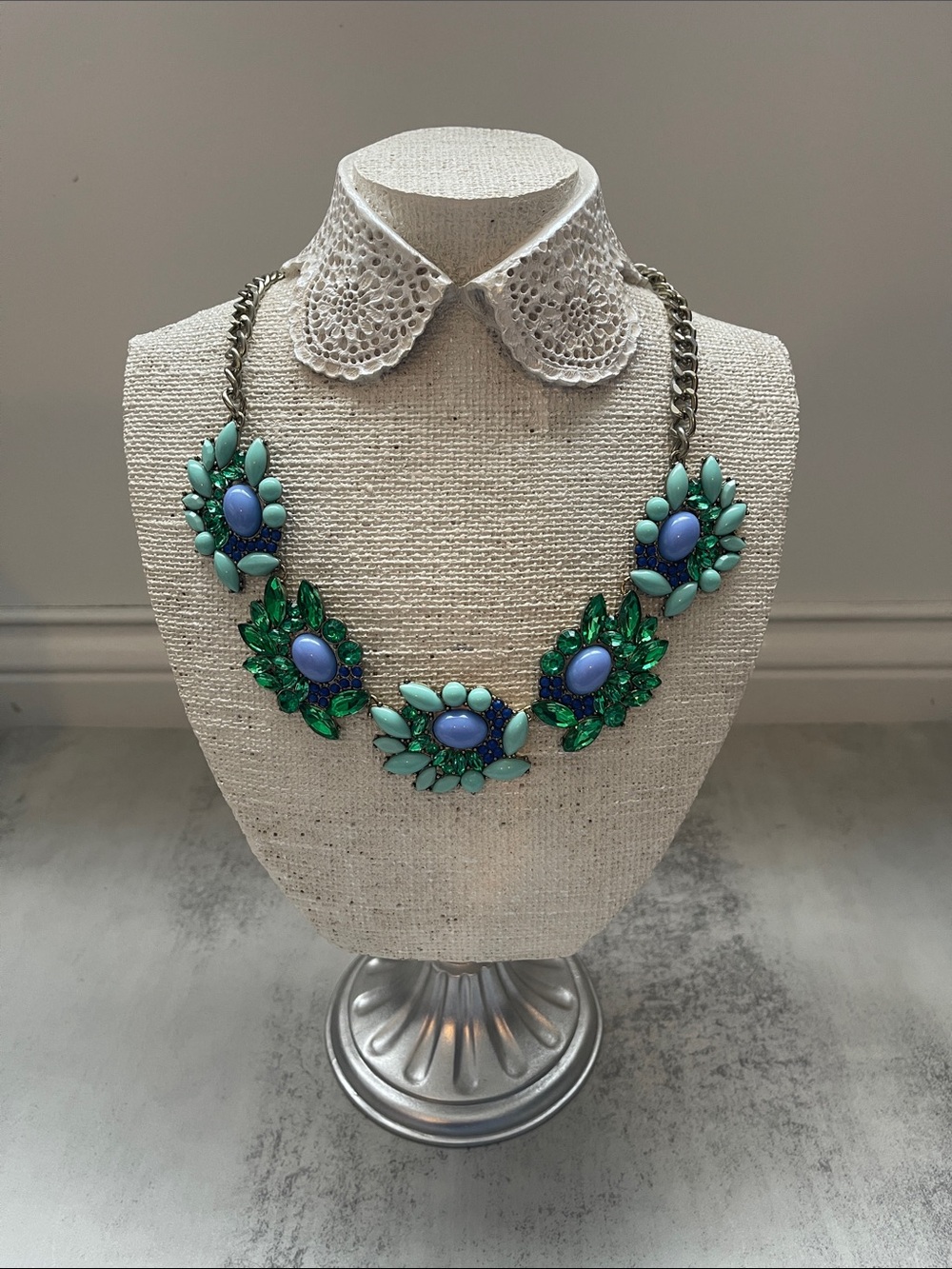 J. Crew Green and Blue Crystal Floral Statement Necklace